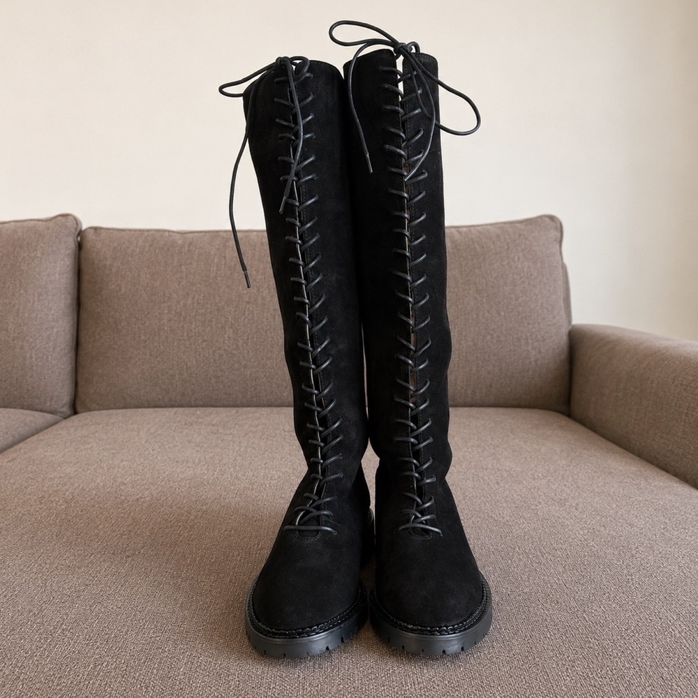 TUCKERNUCK Black Suede Lace-Up Knee-High Boots - Picture 4 of 7